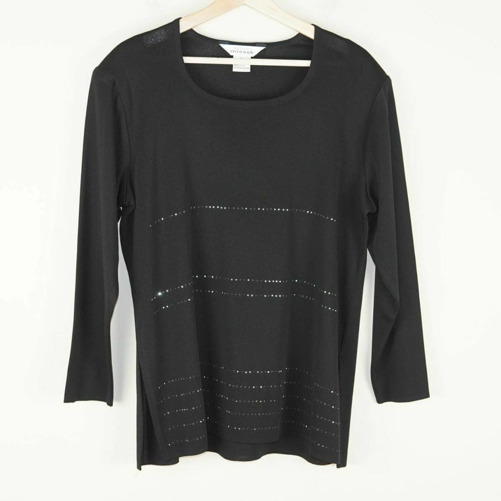 Exclusively Misook Long Sleeve Embellished Rhinestone Black Knit Top Women Sz XL